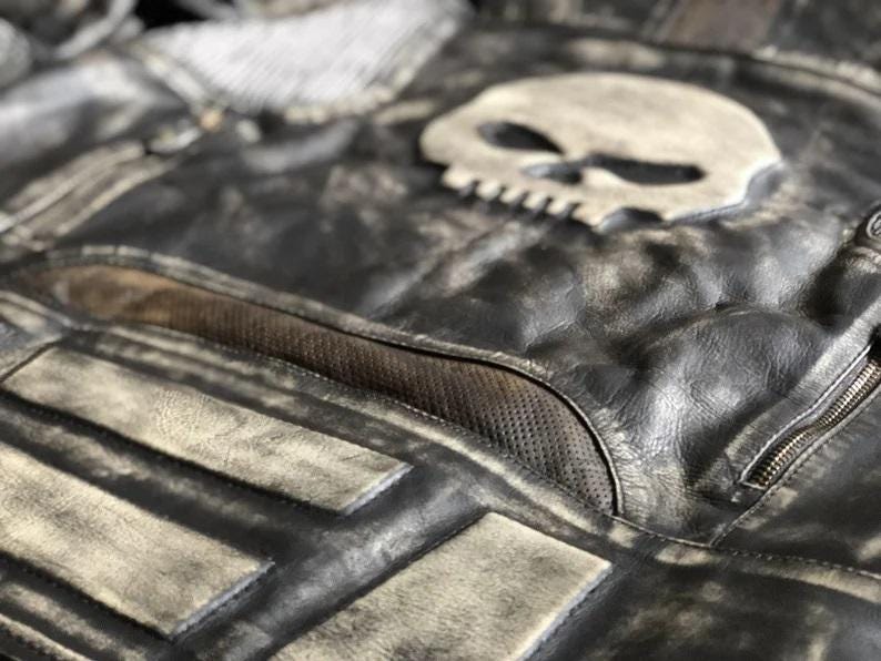 Men's Real Cow Leather Brown Distressed Skull Biker Motorcycle