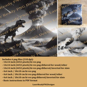 Dinosaur Volcano and meteors Laser Engraving PNG Files Slate Coaster Wood Tile Engraving-Glowforge Wecreat Xtool Dithered and hi-res