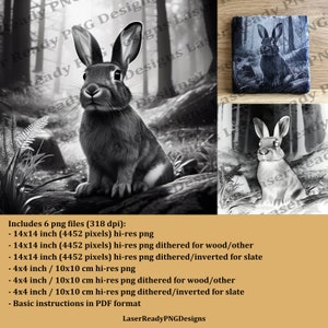 Lapin dans une forêt magique, fichiers PNG de gravure laser, dessous de verre en ardoise, gravure de carreaux de bois Glowforge Wecreat Xtool Sculfun tramé et haute résolution