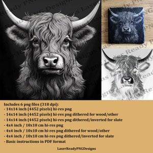 Highland Kuh 3D Illusion Lasergravur PNG-Dateien, Schieferachterbahn Holzfliesengravur-Glowforge Wecreat Xtool Sculpun Dithered und hi-res