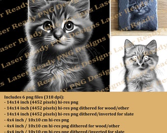 Cute Kitten Laser Engraving PNG Files, Slate Coaster Wood Tile Engraving-Glowforge Wecreat Xtool Sculfun Dithered and hi-res