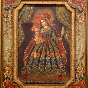 School of Cuzco Style Original Oil Painting on Cloth, Framed, Large Religious Artwork