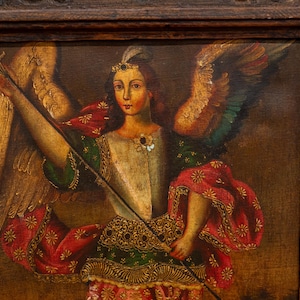 School of Cuzco Archangel Micheal Original Oil Painting, Peruvian, Framed.