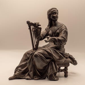 Heavy Antique Sculpture of a Harpist, Statue, Small, Girl Playing Harp 7 inches tall, made   of Bronze or Brass