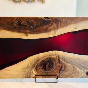 Live Edge Black Walnut Charcuterie and Serving Board with Translucent Red Epoxy Resin
