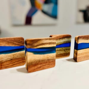 Black Acacia Wood & Blue Epoxy Resin River Coasters  - Set of 4, Handmade Modern Design