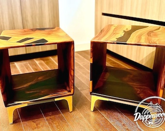 Handcrafted Black Walnut & Black Epoxy Resin Cube End Coffee Table