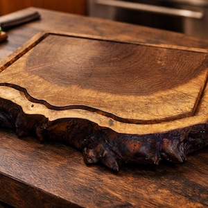 May include: A rectangular wooden chopping board with a juice groove. The board has a natural edge on one side and is made of dark brown wood. The board is on a wooden surface.