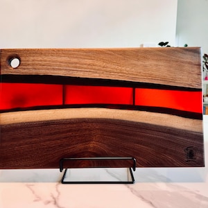 Handcrafted Small Live Edge Black Walnut Wood in Translucent Red Epoxy Resin Charcuterie/Serving Board