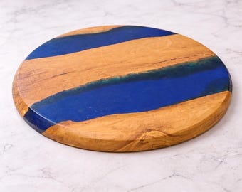 Olive Wood Blue Resin Charcuterie Board – 16” Round Ocean Serving Board