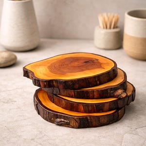 Puede incluir: Una pila de cuatro posavasos circulares de madera con una superficie lisa y pulida de color ámbar con vetas visibles y bordes de corteza natural oscuros y rugosos. Cada posavasos está cortado de una rama de árbol.