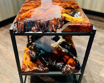 Live Edge Redwood Burl Epoxy Side Table – Square Wood Accent Table, Steel Frame