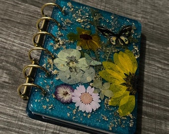 A7 Pressed Flower Resin Journal - Paper Butterflies & Faux Gold Leaf, Handmade Notebook