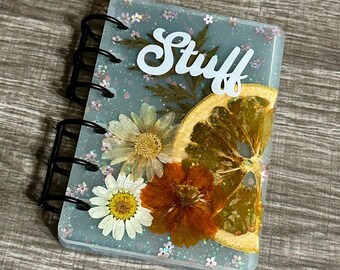 A7 Pressed Flower Resin Journal - Real Fruit & Holographic Glitter, Handmade Notebook