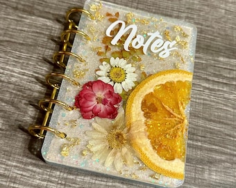 A7 Pressed Flower Resin Journal - Real Fruit & Gold Leaf, Handmade Notebook