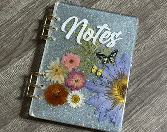 A5 Pressed Flower Resin Journal – Paper Butterflies & Holographic Glitter, Handmade Notebook