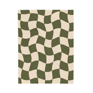 Olive Green Wavy Checkerboard Cozy Throw Blanket Blanket Wavy Checkerboard Retro Room Decor Boho Home Blanket Neutral Couch Throw Gift image 11