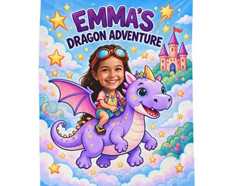 Personalized Dragon Adventure Velveteen Plush Blanket | Kids Photo Name