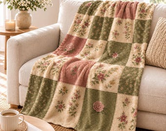 Vintage Patchwork Blanket, Floral Quilt Blanket, Cottagecore Throw, Shabby Chic Bedding, Sage Green Blanket, Feminine Home Decor