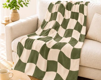 Olive Green Wavy Checkerboard Cozy Throw Blanket Blanket Wavy Checkerboard Retro Room Decor Boho Home Blanket Neutral Couch Throw Gift
