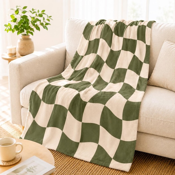 Olive Green Wavy Checkerboard Cozy Throw Blanket Blanket Wavy Checkerboard Retro Room Decor Boho Home Blanket Neutral Couch Throw Gift