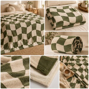 May include: A soft, plush blanket with a large checkerboard pattern in olive green and cream. The blanket is shown folded, rolled, and spread out on a bed. The close-up shots highlight the texture and color of the fabric. A cozy home decor item.