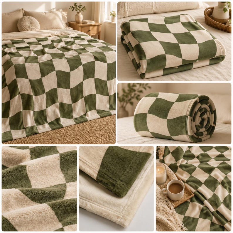 May include: A soft, plush blanket with a large checkerboard pattern in olive green and cream. The blanket is shown folded, rolled, and spread out on a bed. The close-up shots highlight the texture and color of the fabric. A cozy home decor item.