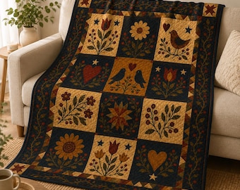 Folk Americana of Stars and Vines Primitive Folk Art Velveteen Blanket, Vintage Farmhouse Floral Throw, Rustic Country Quilt Style Blanket