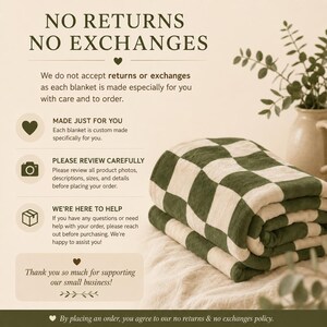 May include: A folded blanket with a green and cream checkered pattern. The image includes text stating "NO RETURNS NO EXCHANGES" and other information about the product. A vase with greenery is in the background.