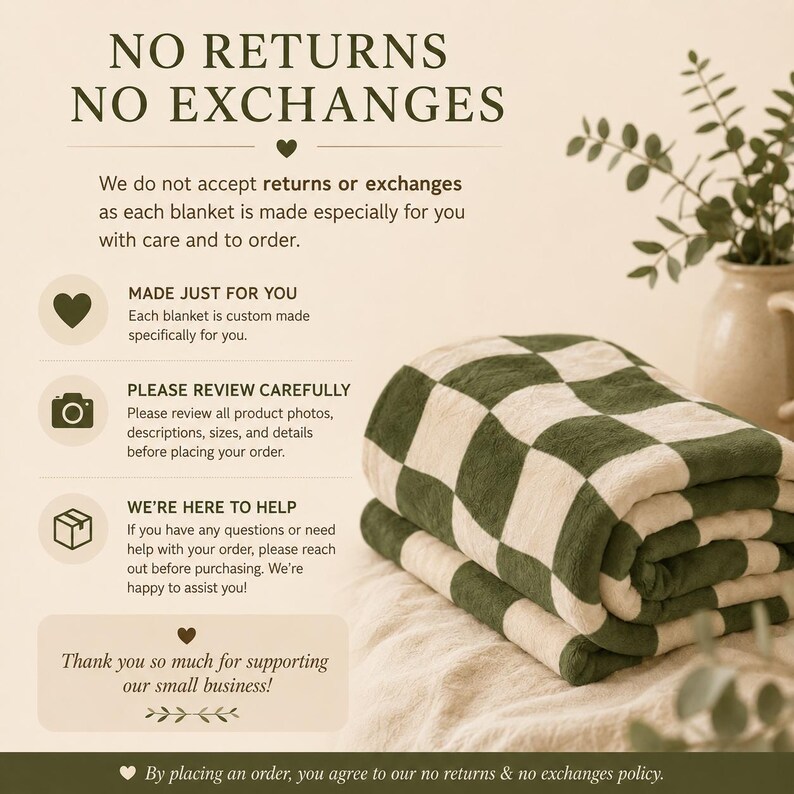 May include: A folded blanket with a green and cream checkered pattern. The image includes text stating "NO RETURNS NO EXCHANGES" and other information about the product. A vase with greenery is in the background.
