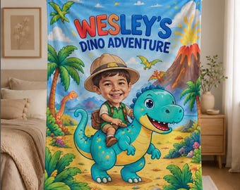 Personalized Dinosaur Blanket Custom Face Name, Dino Adventure Blanket, Personalized Dinosaur Gift for Boys, Dinosaur Birthday Gift