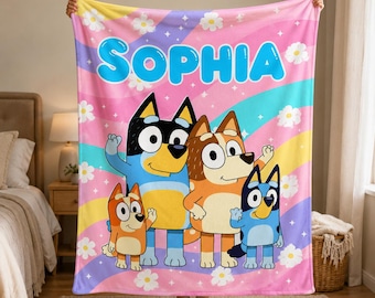 Custom Name Blue Dog Family Velveteen Blanket, Personalized Cartoon Puppy Kids Throw, Custom Baby Name Blanket Gift