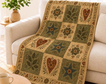 Sage Green Primitive Folk Art Velveteen Blanket,  Heart Star Floral Blanket, Rustic Country Quilt Throw, Farmhouse Decor