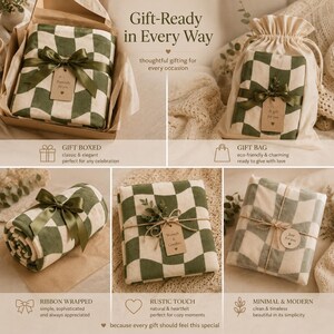 May include: A collection of gift-ready items, including a green and white checkered blanket, presented in various packaging styles. Options include a gift box, gift bag, ribbon-wrapped, rustic touch, and minimal modern presentation. The text reads "Gift-Ready in Every Way."