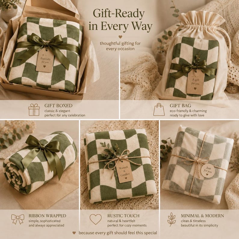 May include: A collection of gift-ready items, including a green and white checkered blanket, presented in various packaging styles. Options include a gift box, gift bag, ribbon-wrapped, rustic touch, and minimal modern presentation. The text reads "Gift-Ready in Every Way."
