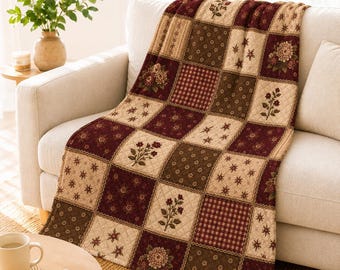 Burgundy Patchwork Blanket, Vintage Velveteen Blanket, Farmhouse Throw Blanket, Rustic Floral Blanket, Country Cottage Decor, Cozy Home Gift