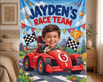 Personalized Race Car Blanket Custom Face Name, Race Car Birthday Gift for Boys, Racing Adventure Blanket, Little Racer Gift, Kids Blanket