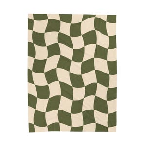 Olive Green Wavy Checkerboard Cozy Throw Blanket Blanket Wavy Checkerboard Retro Room Decor Boho Home Blanket Neutral Couch Throw Gift image 10
