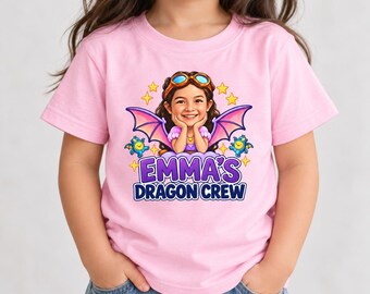 Emma's Dragon Crew T-Shirt | Kids name portrait with dragon wings, stars, goggles