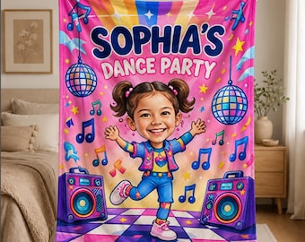 Personalized Dance Party Blanket, Custom Face & Name Kids Blanket, Colorful Retro Disco Music Design, Birthday Gift for Girls
