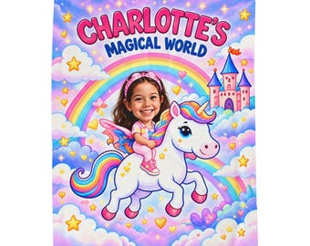 Personalized Unicorn Kids Blanket | Magical Rainbow Castle Velveteen Plush Blanket