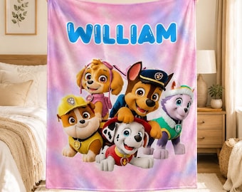 Personalized Puppy Blanket, Custom Name Kids Birthday Gift, Soft Cartoon Throw Blanket
