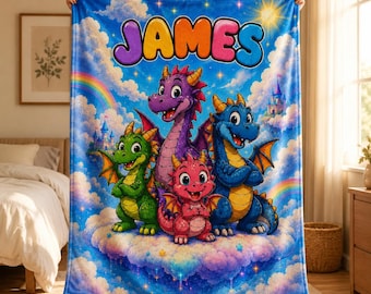 Personalized Dragon Tales Blanket Soft Throw, Custom Name Throw, Kids Birthday Gift