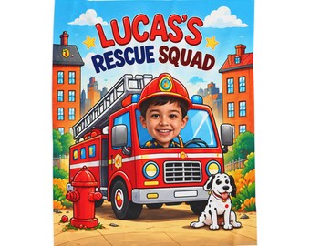 Personalized Fire Truck Rescue Squad Velveteen Blanket | Kids Photo Blanket
