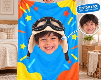Personalized Kids Aviator Face Photo Blanket, Custom Face Blanket, Personalized Toddler Gift, Birthday Gift, Plush Blanket
