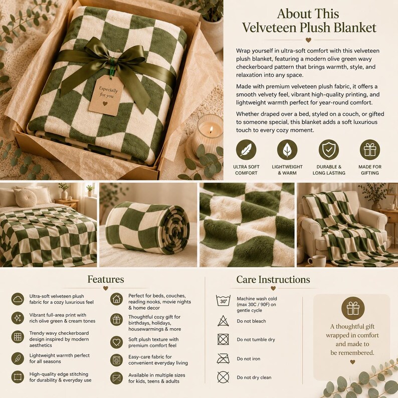 May include: A velveteen plush blanket with a modern olive green and cream checkerboard pattern. The blanket is packaged in a gift box and tied with a green ribbon. The text on the tag reads "Especially for you."