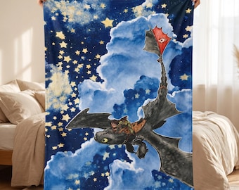 Toothless Starry Sky Blanket Soft Throw, Dragon Flannel Blanket, Birthday Gift For HTTYD Fans