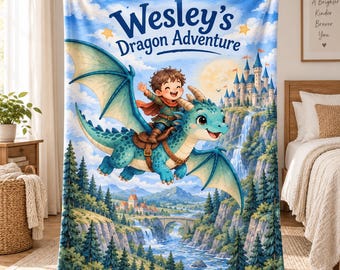 Personalized Dragon Blanket for Kids, Custom Name Baby Dragon Blanket, Cute Dragon Adventure Throw, Magical Fantasy Gift for Boys & Girls