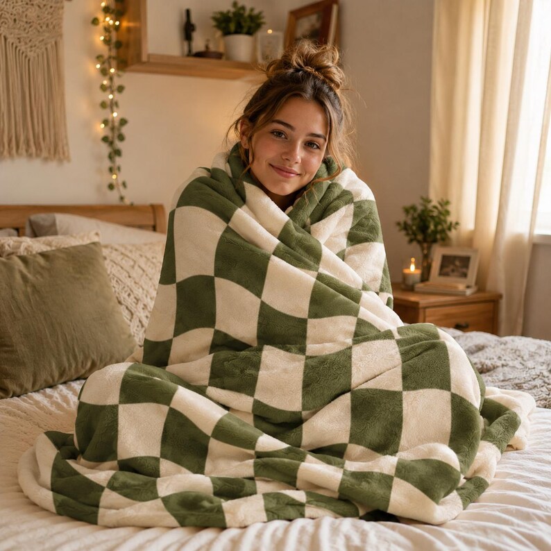 May include: A cozy, oversized blanket with a checkerboard pattern in olive green and cream. The plush blanket is draped over a person sitting on a bed. The blanket is made of a soft, fuzzy material.