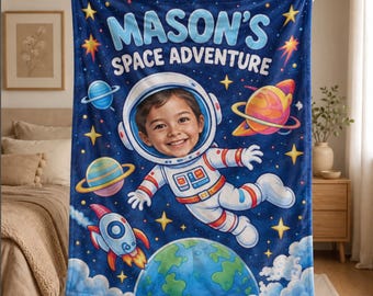 Personalized Space Adventure Blanket Custom Face Name Astronaut Gift for Kids, Space Birthday Gift, Outer Space Nursery Decor